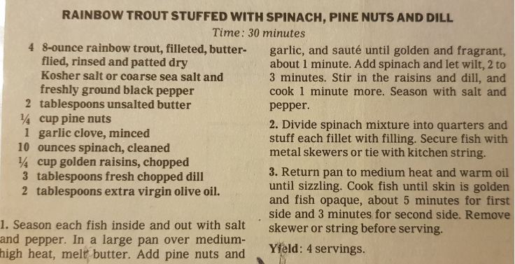Rainbow Trout Stuffed with Spinach, Pine Nuts and Dill